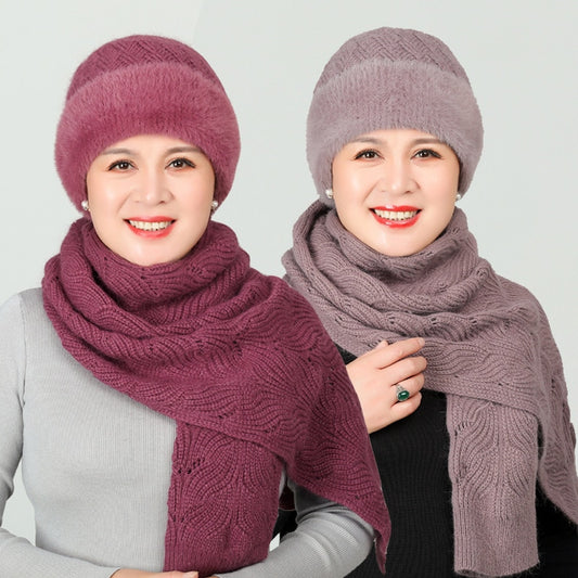 Old Lady Hat Women's Autumn Winter Scarf Set Thermal Cotton Windproof Knitted Woolen Cap for Middle-Aged Mother Grandma Grandm