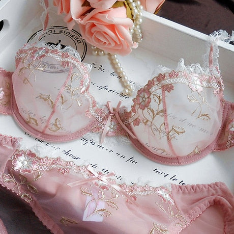 Free Shipping! Exquisite embroidery lotus pink ultra-thin women's sexy transparent lace underwear bra set
