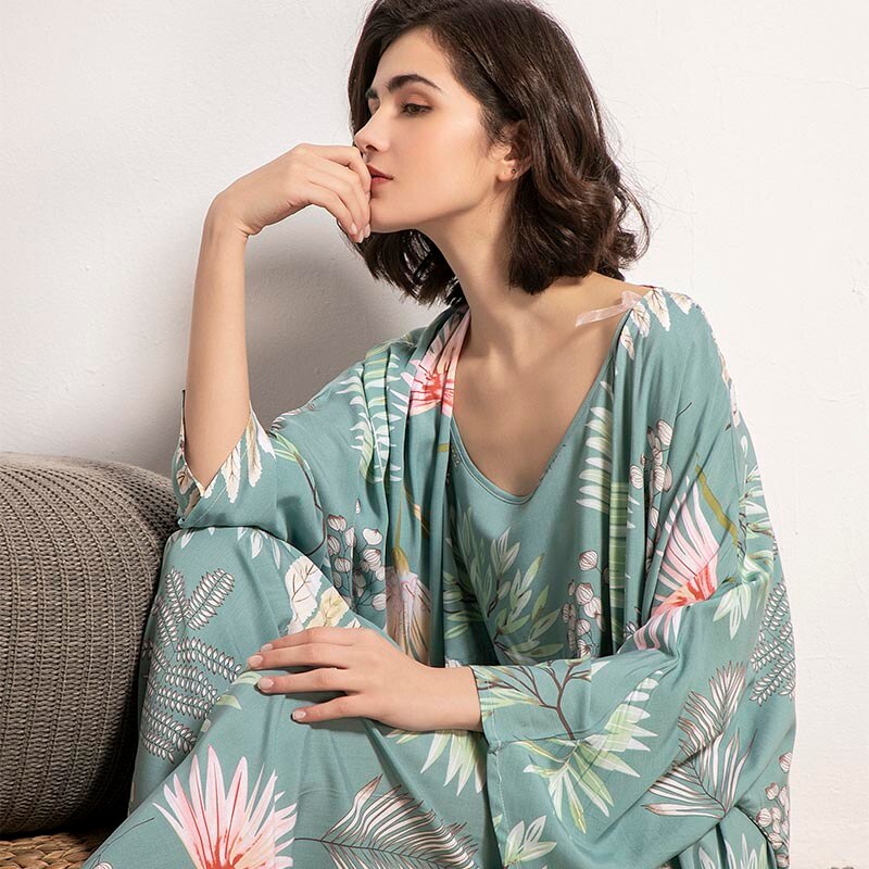 2022 Spring & Autumn Cartoon Sunflower Printed Women Sleepwear Light Blue Cotton Satin Pajamas Set Ladies Loose Thin Homewear