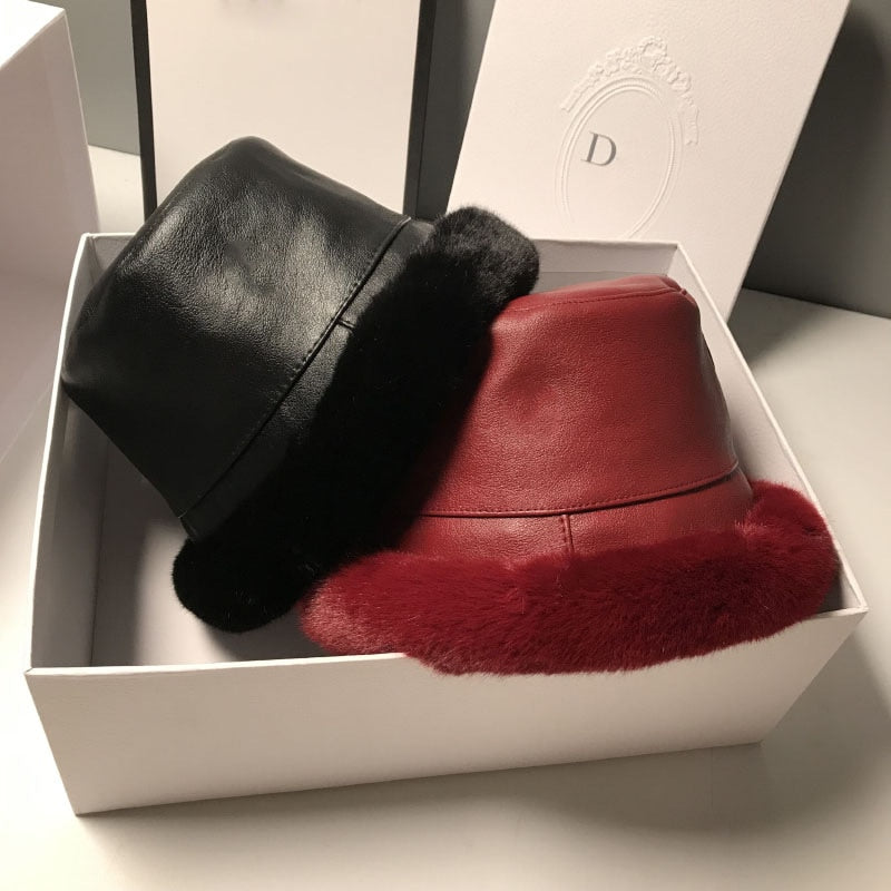MAXSITI U Winter Fur Bucket Hat for Women Fashion Faux Leather Thickene Plush Warm fisherman's cap Casual Flat Basin Hat
