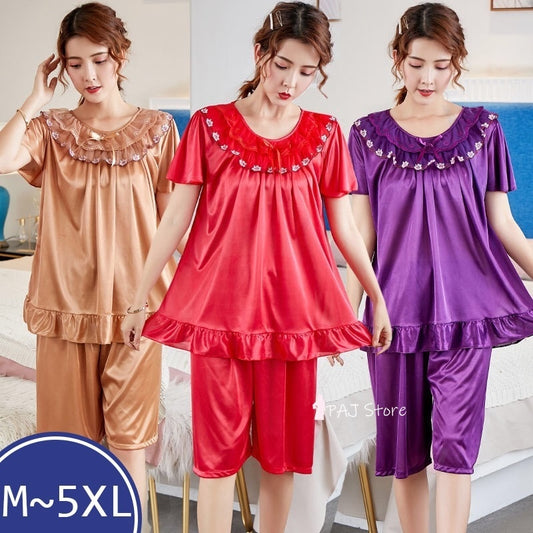 PAJ Plus Size 5XL Satin Pajamas Set Women's Pajamas with Shorts Homewear for Middle Age Women Cheap Nightwear Nighty for Ladies
