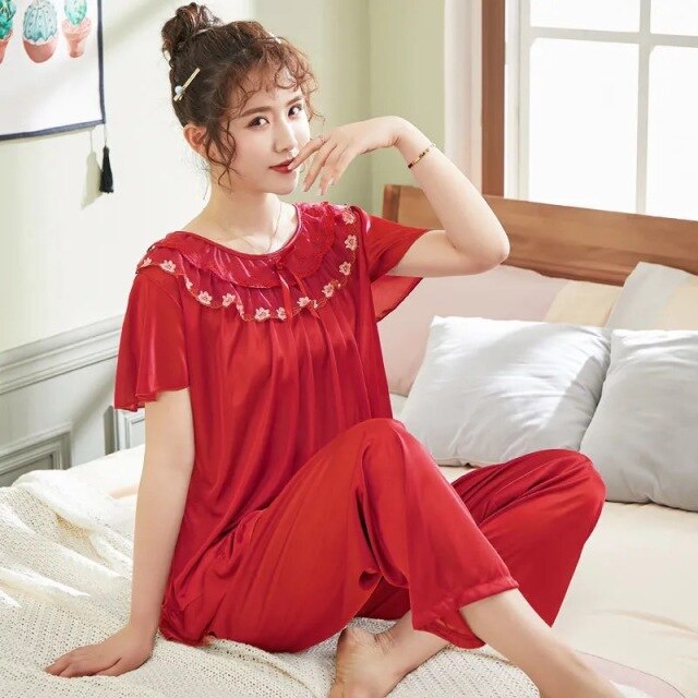 PAJ Plus Size 5XL Satin Pajamas Set Women's Pajamas with Shorts Homewear for Middle Age Women Cheap Nightwear Nighty for Ladies