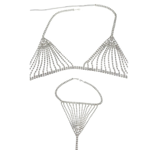 Women Simple Sexy Body Jewellery Chain Bikini Crytal Lingerie Bra and Thong Cute Copper Romantic Geometric Underwear Set