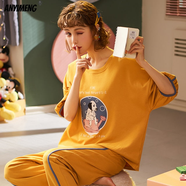 Spring Loungewear Women Crew Neck Pjs Women Homesuit Homeclothes Fashion Style Cartoon Printing Short Sleeve Long Pants Pj Set