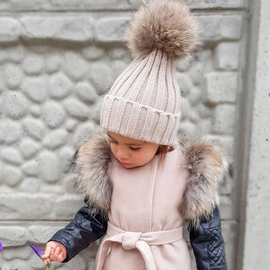 Big Fur Pom pom Beanie Hats Kids Girls Boys Warm Knitted Winter Hat Baby Real Raccoon Fur pompom Beanies Cap