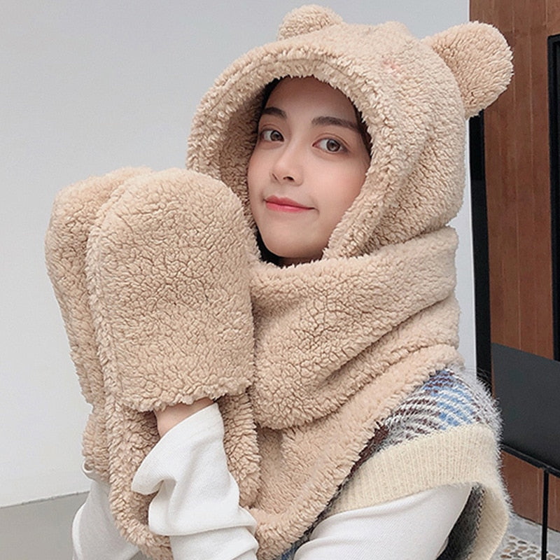 Lamb Velvet Hat Woman Winter Warm And Cold Hooded Scarf Gloves 3-in-1 Sets  Female Cute Bear Ear Protection Cotton Cap With Ears