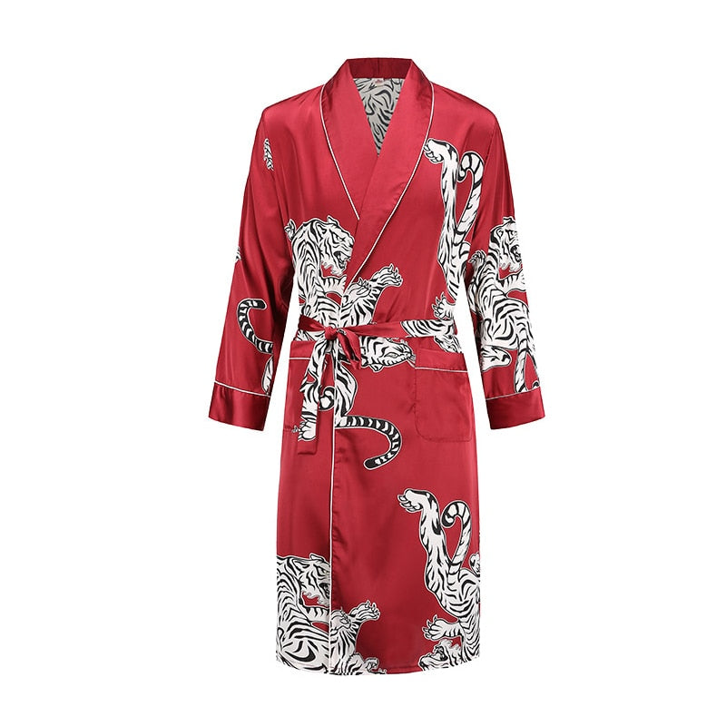 Men Robe Nightgown Long Sleeves Kimono Bathrobe Gown Silky Satin  Dragon Print Pajamas Sleepwear Nightwear Gown Casual Home