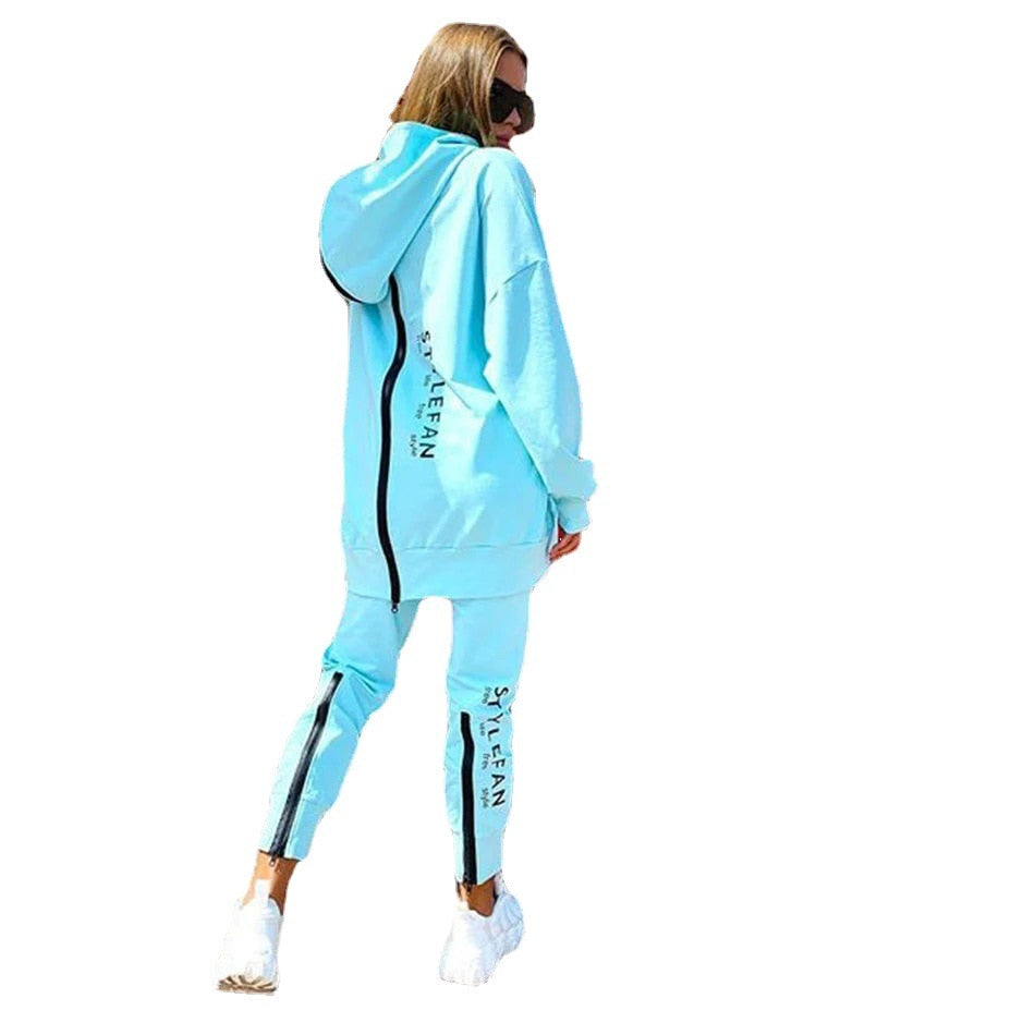 Women&#39;s Tracksuit Streetwear Running Sportswear Backwards Zipper Long Hoodies+Long Pant 2 Pice Set Autumn Winter Female Clothing