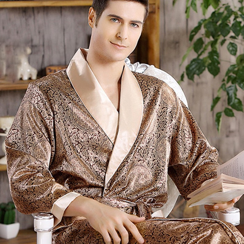 Men&#39;s Robe Nightgown Satin Kimono Bathrobe Gown Casual Sleepwear Plus Size Print Gold Home Dressing Gown 3XL 4XL 5XL