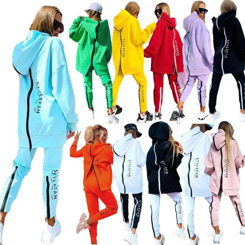 Women&#39;s Tracksuit Streetwear Running Sportswear Backwards Zipper Long Hoodies+Long Pant 2 Pice Set Autumn Winter Female Clothing