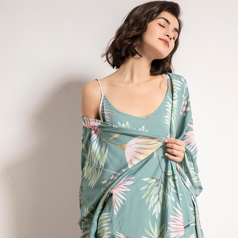 2022 Spring &amp; Autumn Cartoon Sunflower Printed Women Sleepwear Light Blue Cotton Satin Pajamas Set Ladies Loose Thin Homewear