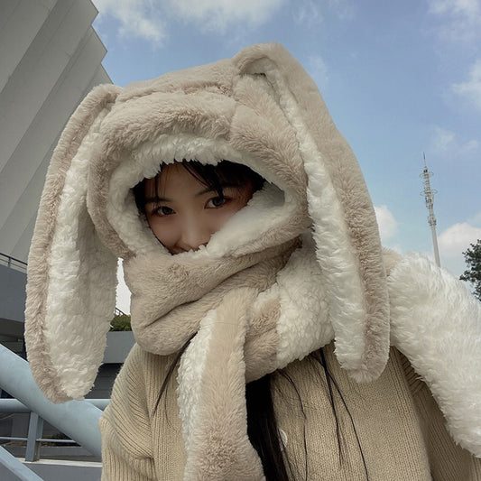 2022 New Fashion Scarf Hat Glove 3 Piece Women Cute Big Ear Bunny  Winter Warm Soft Thickening Pocket Hats  Hooded