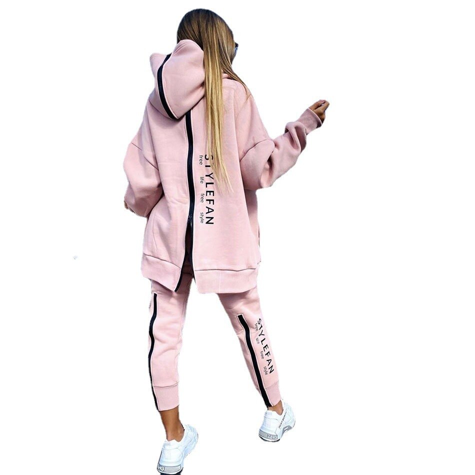 Women&#39;s Tracksuit Streetwear Running Sportswear Backwards Zipper Long Hoodies+Long Pant 2 Pice Set Autumn Winter Female Clothing