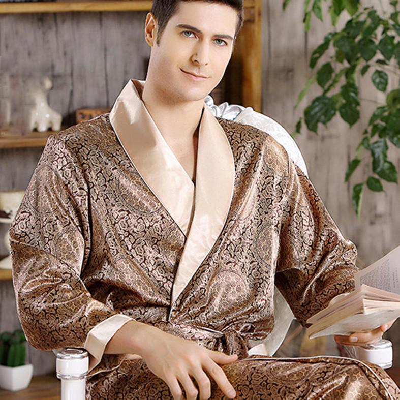 Men&#39;s Robe Nightgown Satin Kimono Bathrobe Gown Casual Sleepwear Plus Size Print Gold Home Dressing Gown 3XL 4XL 5XL