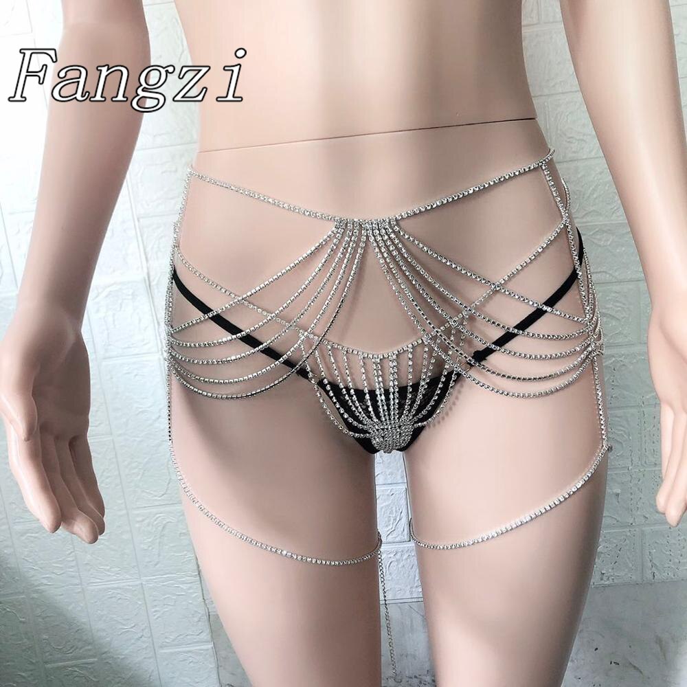 Sexy women&#39;s Luxury Body jewelry tassel crystal bikini underwear set chain bra suspender multi-layer crystal waist chain T-shirt