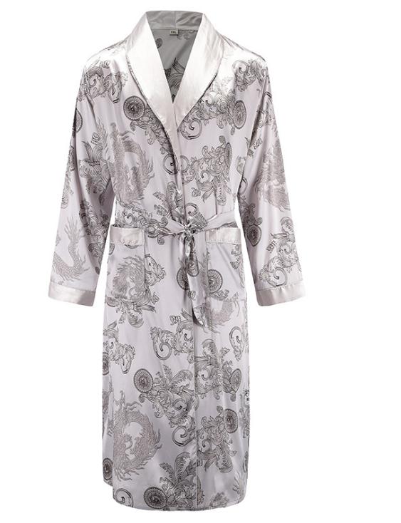 Men Robe Nightgown Long Sleeves Kimono Bathrobe Gown Silky Satin  Dragon Print Pajamas Sleepwear Nightwear Gown Casual Home