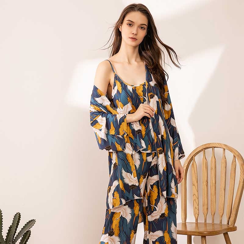 2022 Spring &amp; Autumn Cartoon Sunflower Printed Women Sleepwear Light Blue Cotton Satin Pajamas Set Ladies Loose Thin Homewear