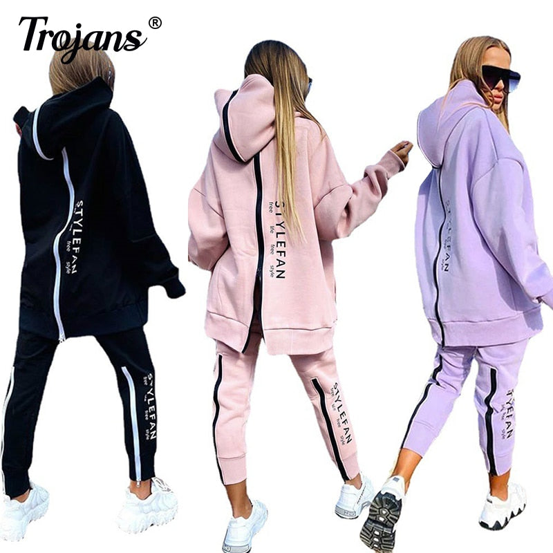 Women&#39;s Tracksuit Streetwear Running Sportswear Backwards Zipper Long Hoodies+Long Pant 2 Pice Set Autumn Winter Female Clothing