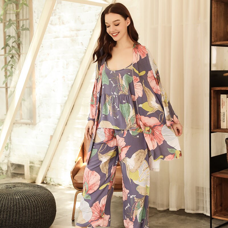 2022 Spring &amp; Autumn Cartoon Sunflower Printed Women Sleepwear Light Blue Cotton Satin Pajamas Set Ladies Loose Thin Homewear