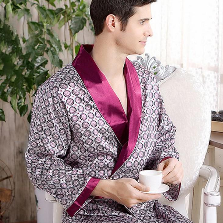 Men&#39;s Robe Nightgown Satin Kimono Bathrobe Gown Casual Sleepwear Plus Size Print Gold Home Dressing Gown 3XL 4XL 5XL