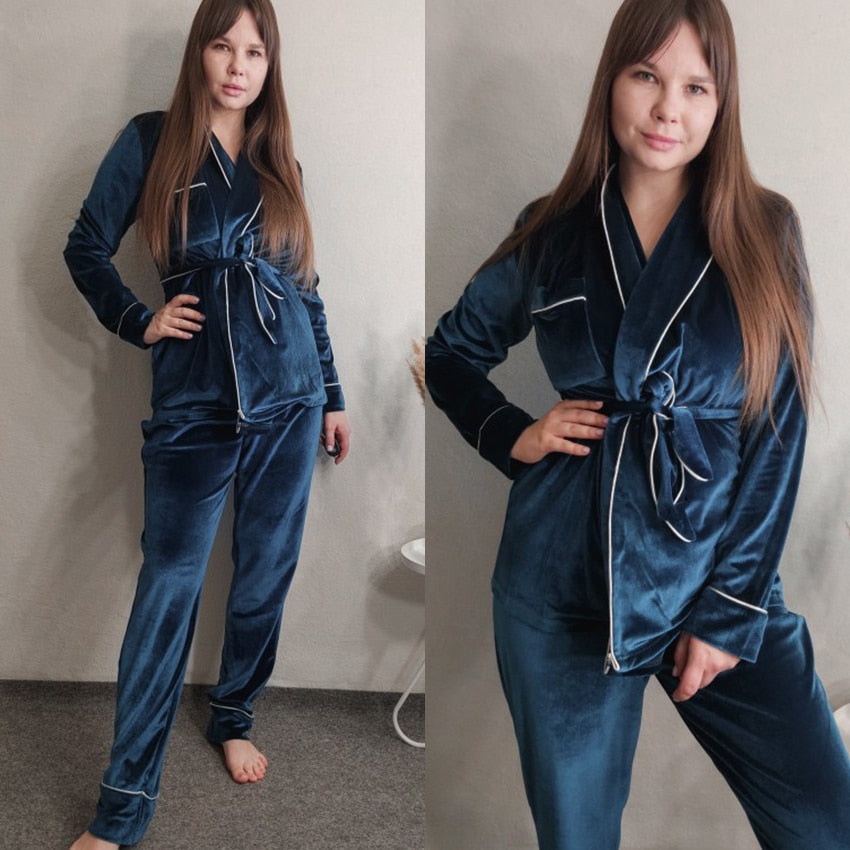 HECHAN Gray Velvet Pajamas Warm Long Sleeve Home Suit For Women Two Piece Set Thick Sleepwear Set Night Suit Sets Autumn Female