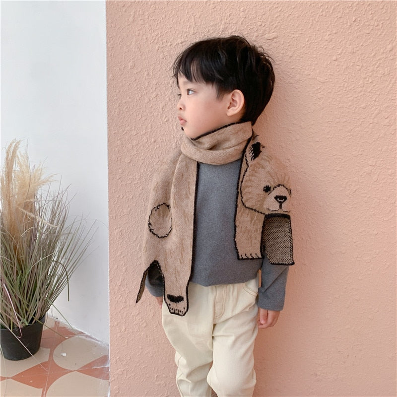 Korean Style Cute Cartoon Bear Rabbit Kids Knitted Wool Scarf Autumn Winter Boys Girls Toddler Long Scarfs