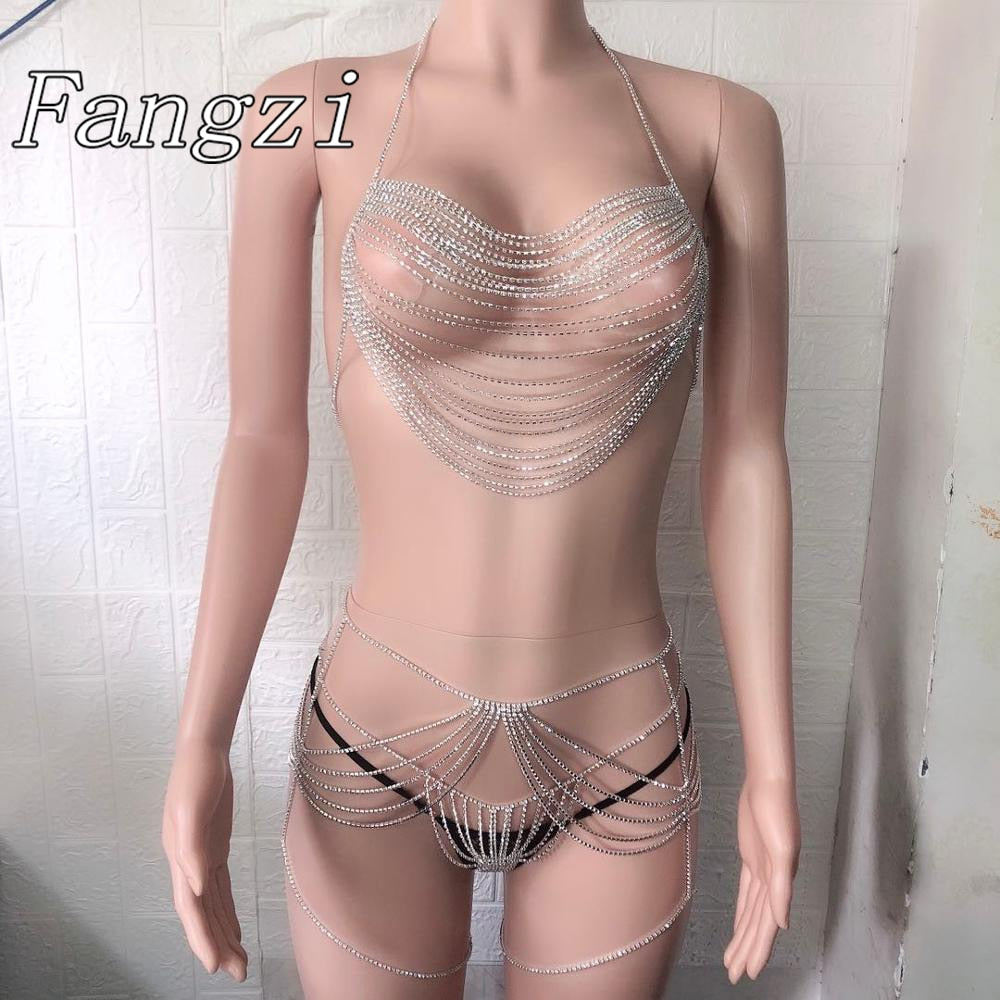 Sexy women&#39;s Luxury Body jewelry tassel crystal bikini underwear set chain bra suspender multi-layer crystal waist chain T-shirt