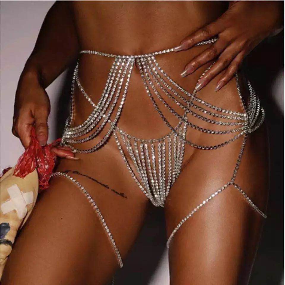 Sexy women&#39;s Luxury Body jewelry tassel crystal bikini underwear set chain bra suspender multi-layer crystal waist chain T-shirt