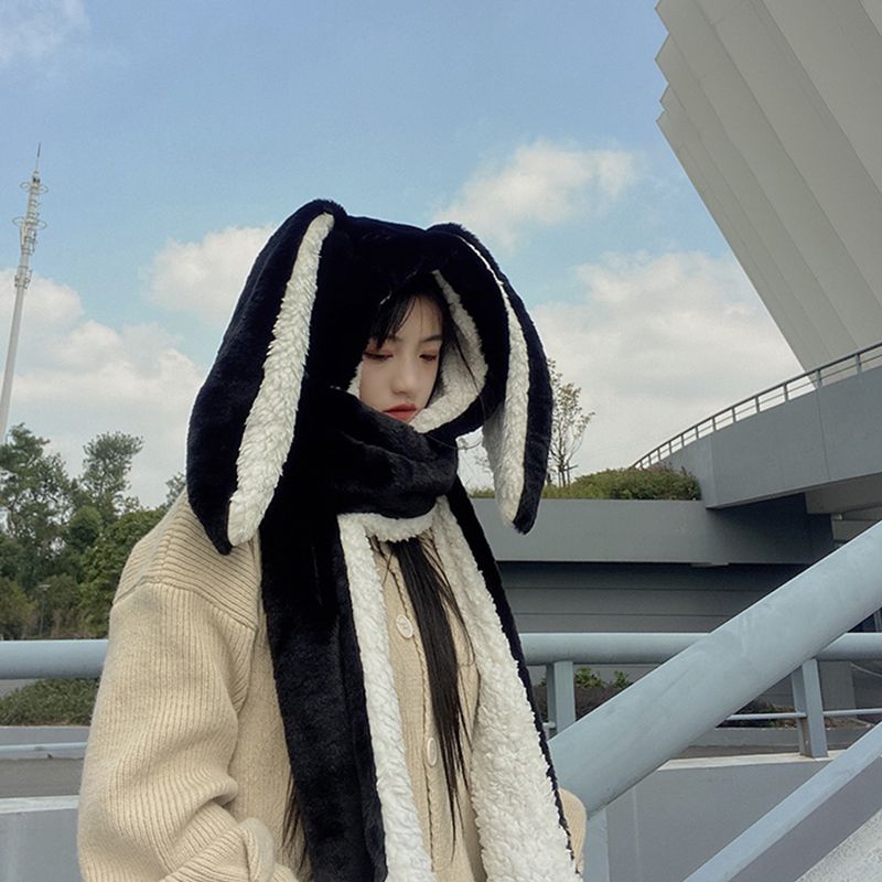 2022 New Fashion Scarf Hat Glove 3 Piece Women Cute Big Ear Bunny  Winter Warm Soft Thickening Pocket Hats  Hooded