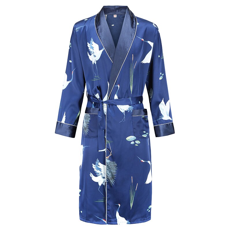 Men Robe Nightgown Long Sleeves Kimono Bathrobe Gown Silky Satin  Dragon Print Pajamas Sleepwear Nightwear Gown Casual Home