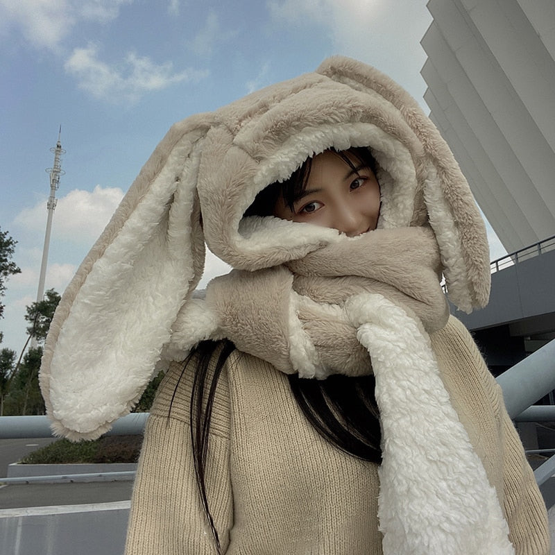 2022 New Fashion Scarf Hat Glove 3 Piece Women Cute Big Ear Bunny  Winter Warm Soft Thickening Pocket Hats  Hooded