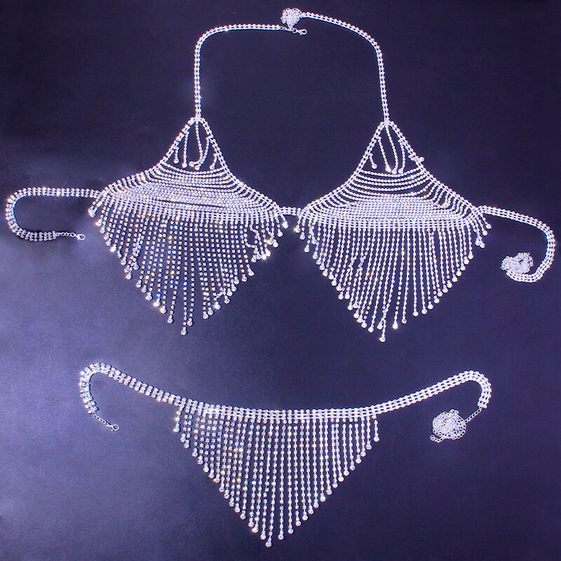 Stonefans Bling Rhinestone Tassel Body Chain Bra Harness Lingerie Adjustable Luxurious Hollow Body Jewelry Bodysuit Crotchless