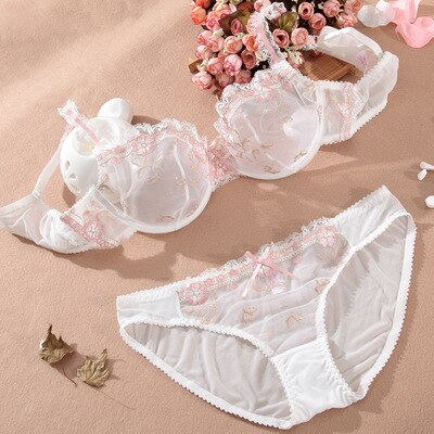 Free Shipping! Exquisite embroidery lotus pink ultra-thin women&#39;s sexy transparent lace underwear bra set