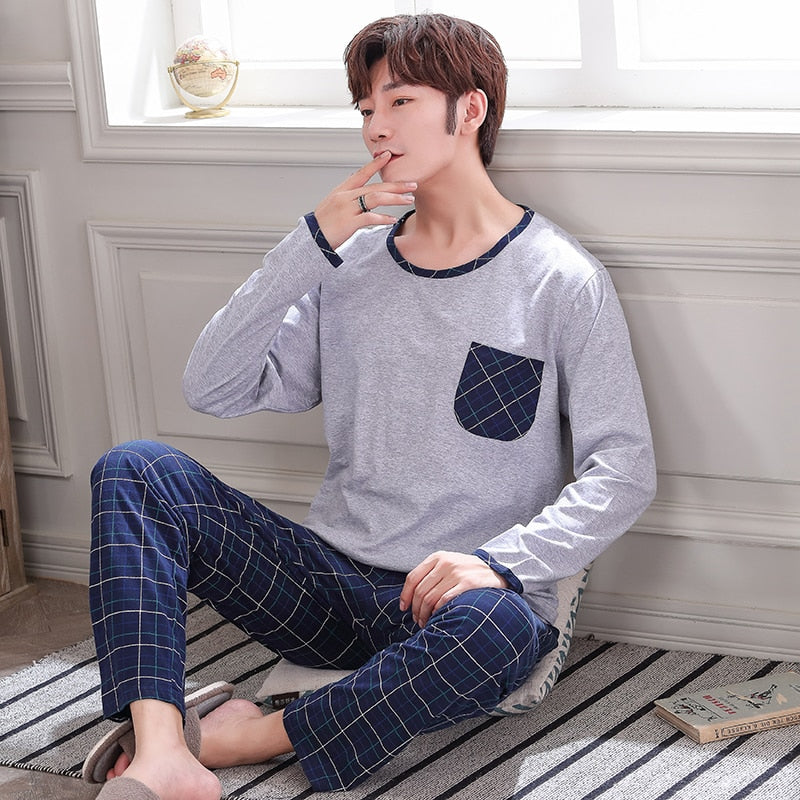 Autumn Men&#39;s Pure Full Cotton Pajamas Plaid Sleepwear Big Yards L-4XL Pajama Sets Casual Sleep&amp;Lounge Pyjamas Pijamas Hombre