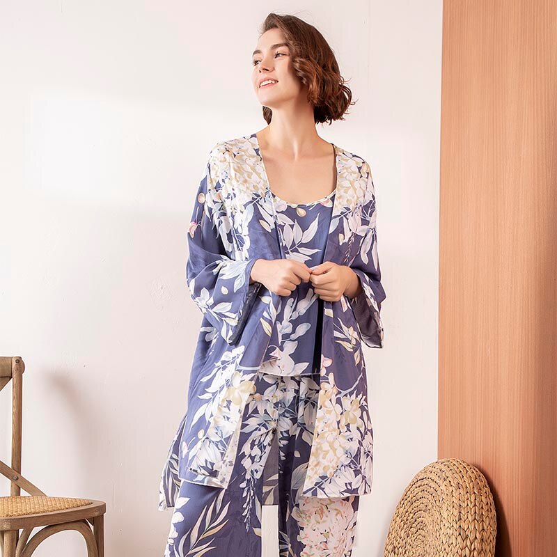 2022 Spring &amp; Autumn Cartoon Sunflower Printed Women Sleepwear Light Blue Cotton Satin Pajamas Set Ladies Loose Thin Homewear