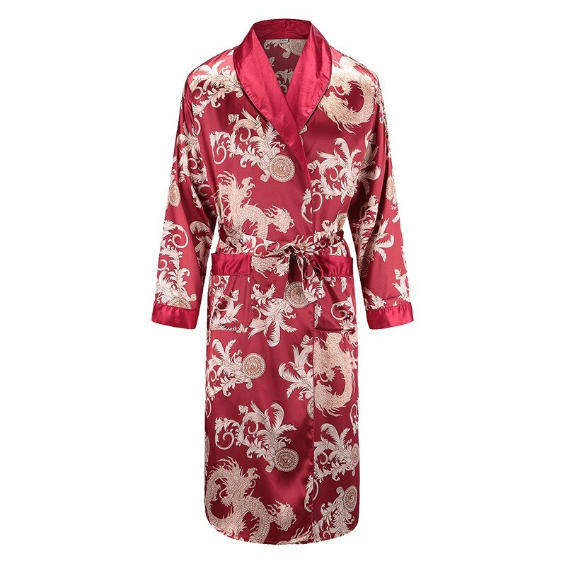 Men Robe Nightgown Long Sleeves Kimono Bathrobe Gown Silky Satin  Dragon Print Pajamas Sleepwear Nightwear Gown Casual Home