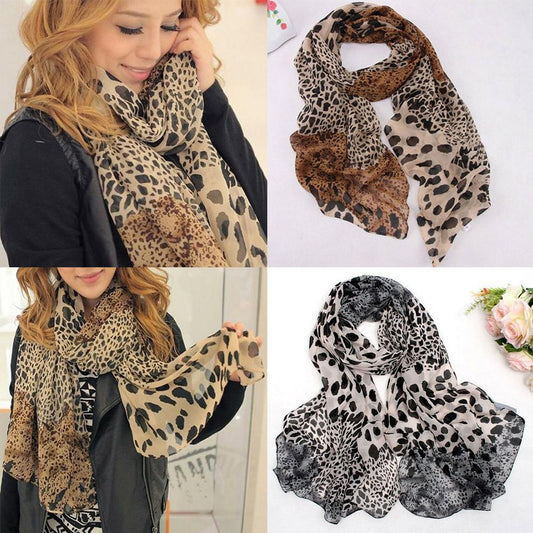 Fashion Elegant Women Leopard Chiffon Long Neck Large Scarf Wrap Shawl Stole Scarves Wraps Women Female