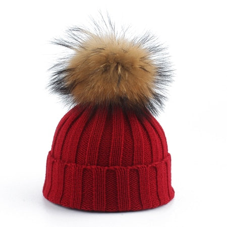 Big Fur Pom pom Beanie Hats Kids Girls Boys Warm Knitted Winter Hat Baby Real Raccoon Fur pompom Beanies Cap