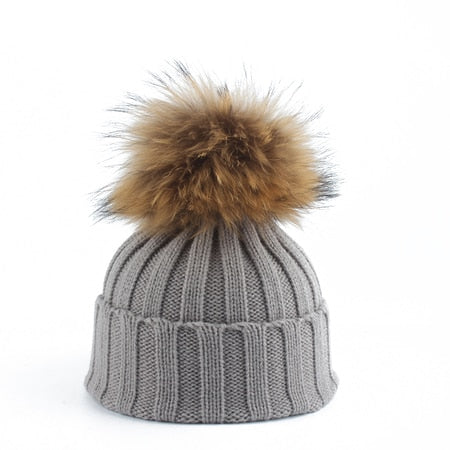 Big Fur Pom pom Beanie Hats Kids Girls Boys Warm Knitted Winter Hat Baby Real Raccoon Fur pompom Beanies Cap