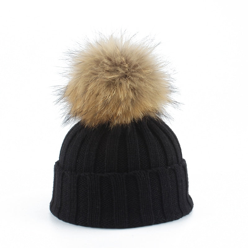 Big Fur Pom pom Beanie Hats Kids Girls Boys Warm Knitted Winter Hat Baby Real Raccoon Fur pompom Beanies Cap