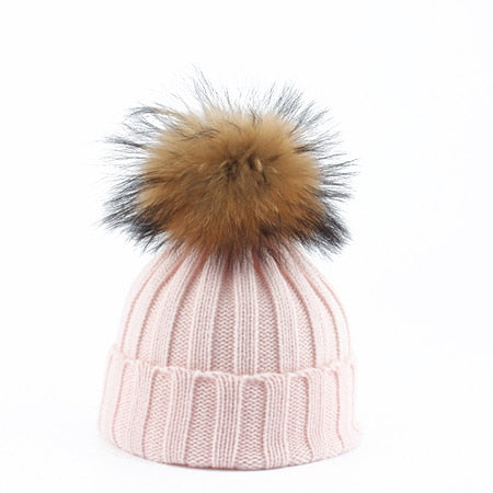 Big Fur Pom pom Beanie Hats Kids Girls Boys Warm Knitted Winter Hat Baby Real Raccoon Fur pompom Beanies Cap