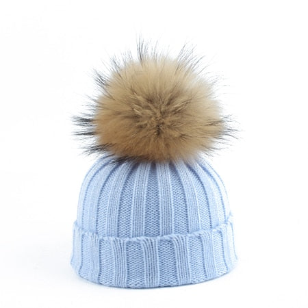 Big Fur Pom pom Beanie Hats Kids Girls Boys Warm Knitted Winter Hat Baby Real Raccoon Fur pompom Beanies Cap