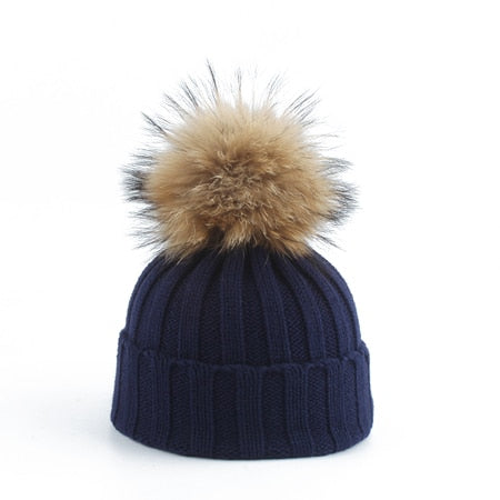 Big Fur Pom pom Beanie Hats Kids Girls Boys Warm Knitted Winter Hat Baby Real Raccoon Fur pompom Beanies Cap