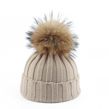 Big Fur Pom pom Beanie Hats Kids Girls Boys Warm Knitted Winter Hat Baby Real Raccoon Fur pompom Beanies Cap