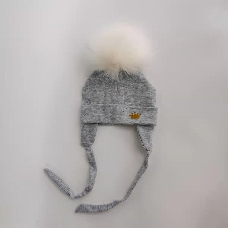 Newborn Baby hat for Boys Girls with ear Warmmer earflap rope Winter Cotton Beanie Pom Pom Bobble crown Hat Cap Hat for Kids boy