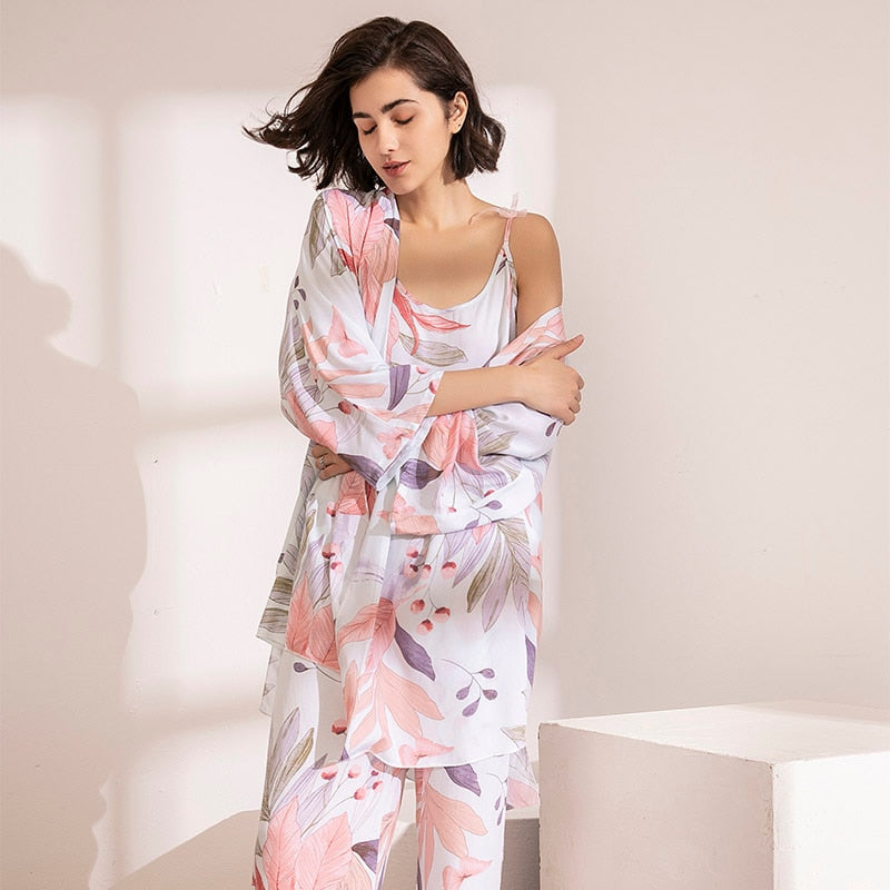 2022 Spring &amp; Autumn Cartoon Sunflower Printed Women Sleepwear Light Blue Cotton Satin Pajamas Set Ladies Loose Thin Homewear