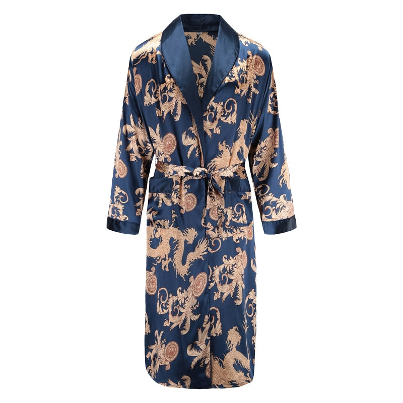 Men Robe Nightgown Long Sleeves Kimono Bathrobe Gown Silky Satin  Dragon Print Pajamas Sleepwear Nightwear Gown Casual Home