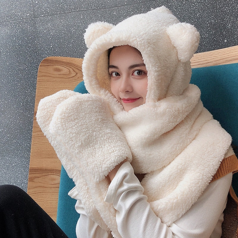 Lamb Velvet Hat Woman Winter Warm And Cold Hooded Scarf Gloves 3-in-1 Sets  Female Cute Bear Ear Protection Cotton Cap With Ears