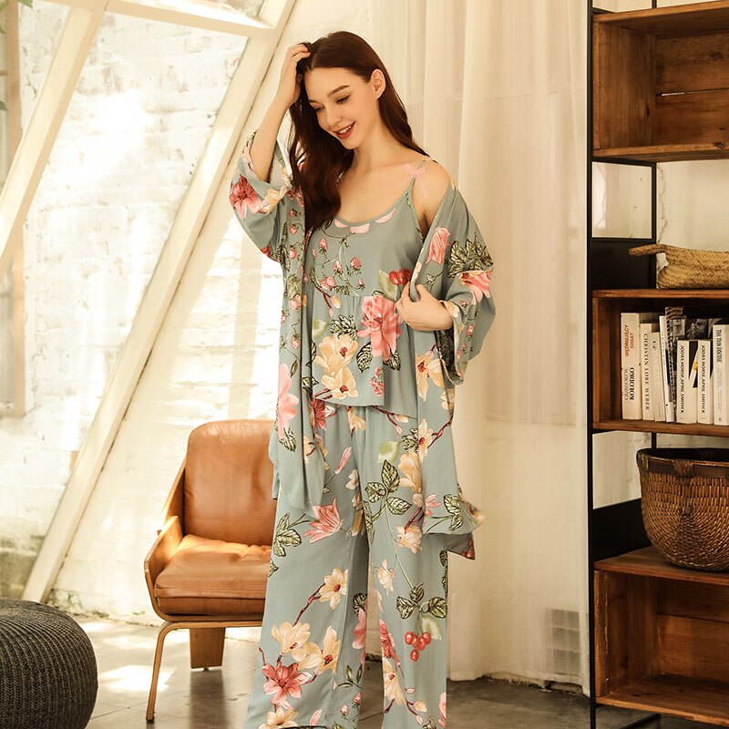 2022 Spring &amp; Autumn Cartoon Sunflower Printed Women Sleepwear Light Blue Cotton Satin Pajamas Set Ladies Loose Thin Homewear