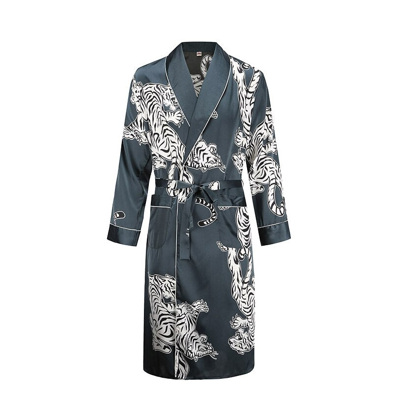 Men Robe Nightgown Long Sleeves Kimono Bathrobe Gown Silky Satin  Dragon Print Pajamas Sleepwear Nightwear Gown Casual Home